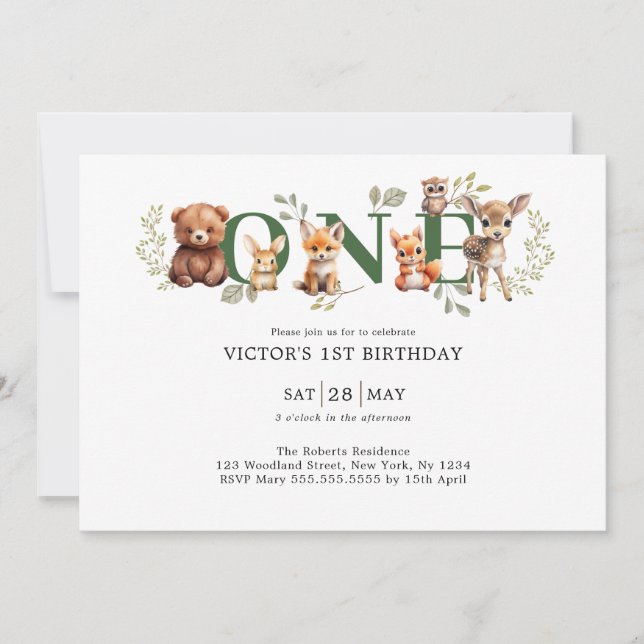 Sage Greenery Woodland Animals 1st First Birthday Invitation (Front)
