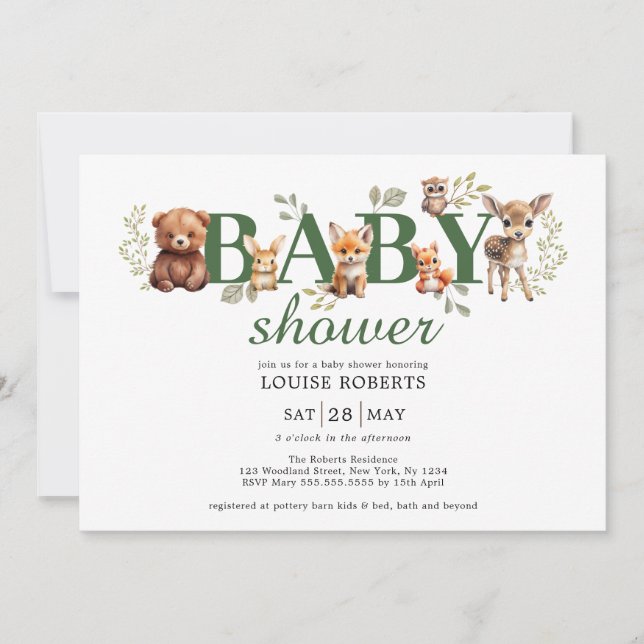 Sage Greenery Woodland Animals Neutral Baby Shower Invitation (Front)