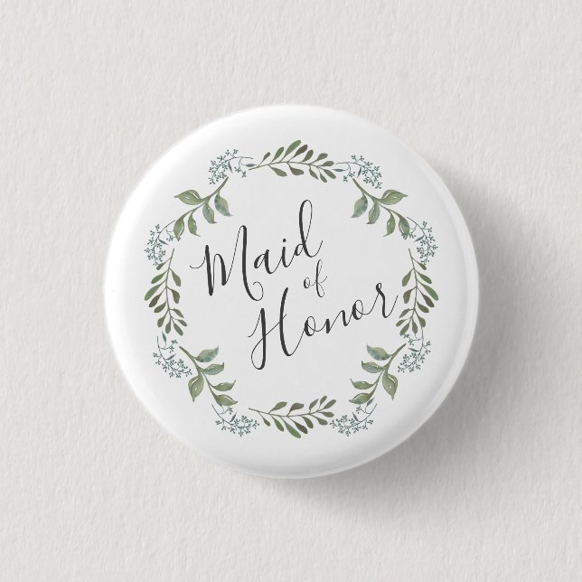 Sage Greenery Wreath Maid of Honour 3 Cm Round Badge (Front)