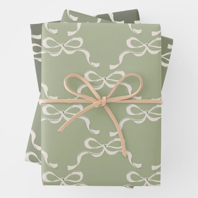 Sage Greens & Cream Ribbons Bows  Wrapping Paper Sheet (In situ)