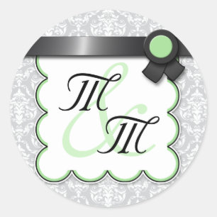 Sage & Grey Damask Double Monogram Stickers