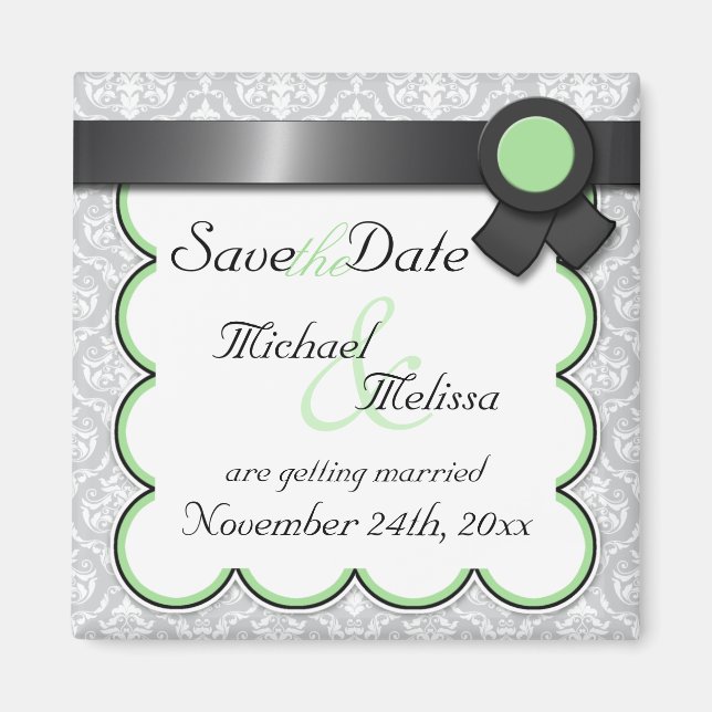 Sage & Grey Damask Save the Date Magnet (Front)