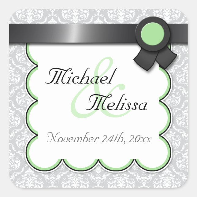 Sage & Grey Damask Wedding Favour Stickers (Front)