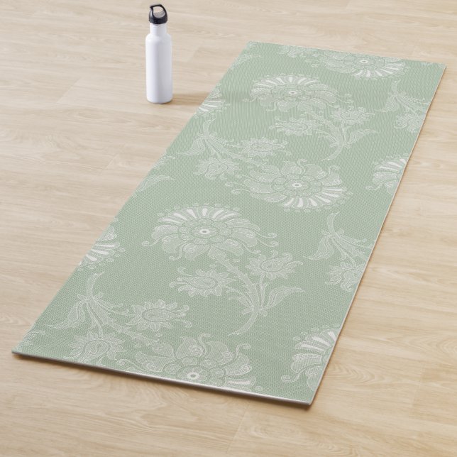 Sage Grey Green Floral Lace Yoga Mat (In Situ)