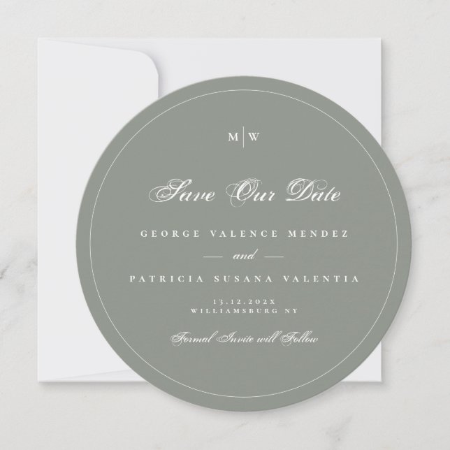 Sage Grey White Elegant Round Photo Save The Date Invitation (Front)