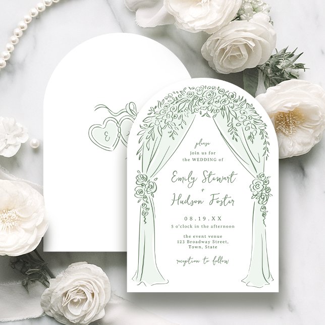 Sage Hand Drawn Floral Arch Whimsical Wedding Invitation (Sage Hand Drawn Floral Arch Whimsical Wedding Invitation)