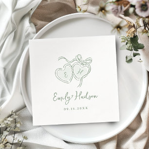 Sage Hand Drawn Hearts Monogram Whimsical Wedding Napkin