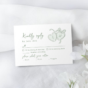 Sage Hand Drawn Hearts Monogram Whimsical Wedding RSVP Card