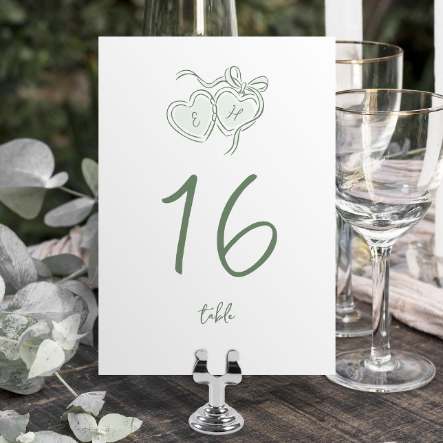 Sage Hand Drawn Hearts Monogram Whimsical Wedding Table Number (Sage Hand Drawn Hearts Monogram Whimsical Wedding Table Number)
