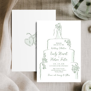 Sage Hand Drawn Wedding Cake Whimsical Invitation