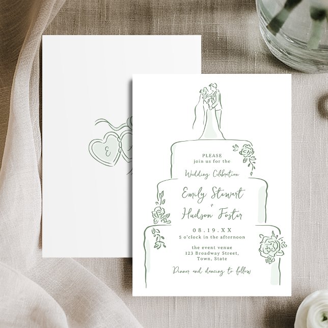 Sage Hand Drawn Wedding Cake Whimsical Invitation (Sage Hand Drawn Wedding Cake Whimsical Invitation)