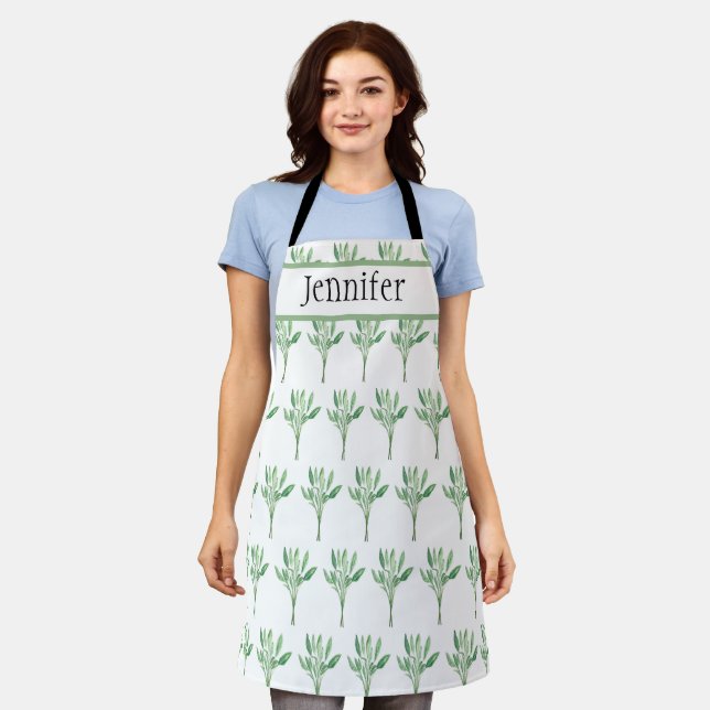 Sage herb botanical plant green watercolor Chic Apron (Worn)