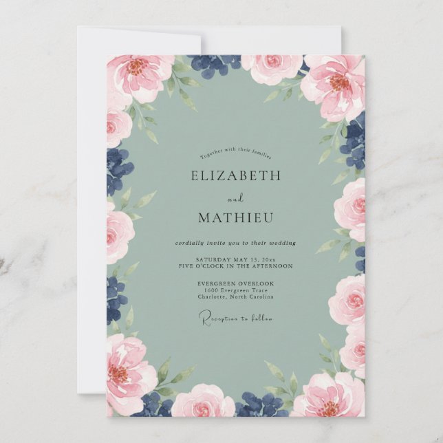 Sage Indigo Wreath Wedding Invitation (Front)