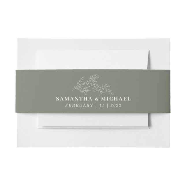 Sage Ivory Ivy Flower Monogram Wedding Invitation Belly Band (Front Example)