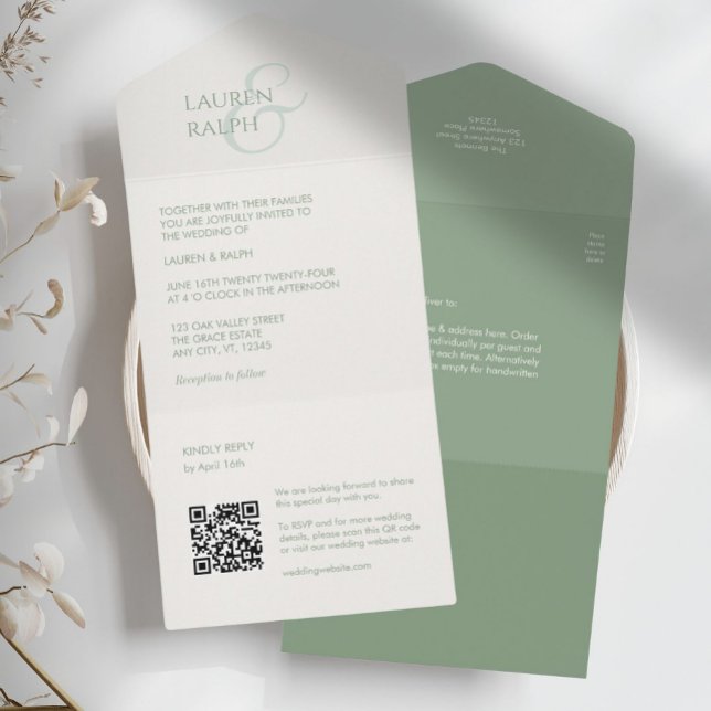 Sage & Ivory Monogram QR All in One Wedding Invite (Creator Uploaded)