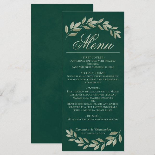 Sage Laurel Leaves Rustic Emerald Green Wedding Menu (Front/Back)