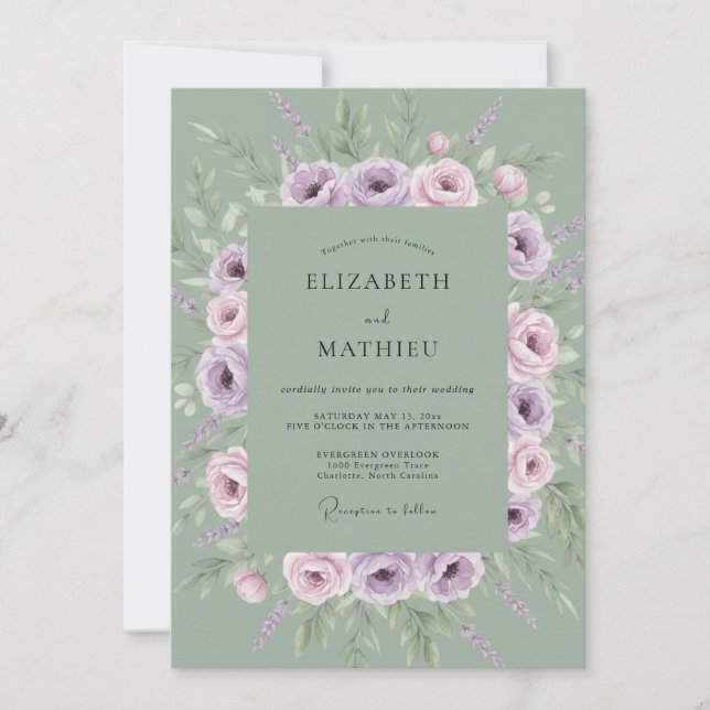 Sage Lavender Blooming Floral Wedding Invitation (Front)