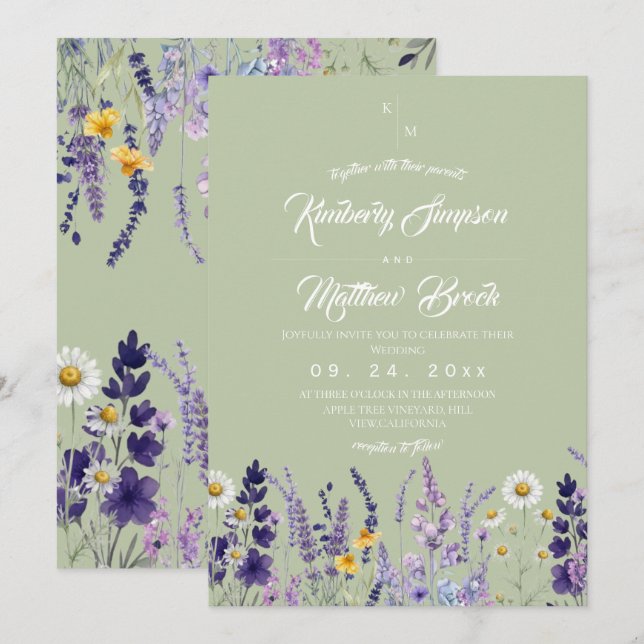 Sage & Lavender Wildflower Rustic Wedding Invitation (Front/Back)