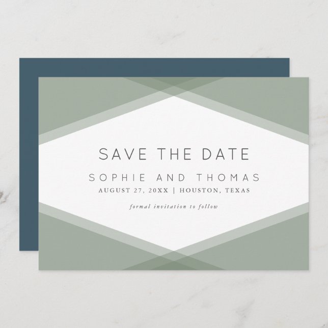 Sage Layered Geometric & Blue Slate Save the Date Invitation (Front/Back)