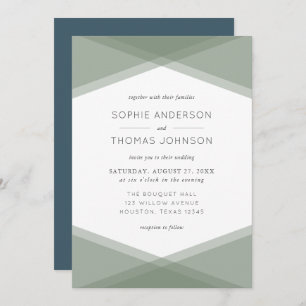 Sage Layered Geometric & Blue Slate Wedding Invitation