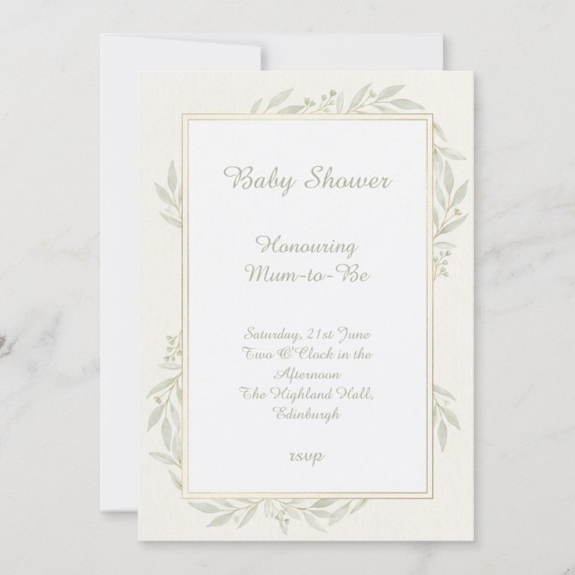 Sage Leaf Minimal Baby Shower Invitation (Front)