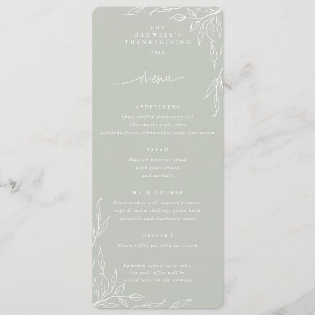 Sage Leaf Motif Thanksgiving Dinner Flat 4 Course Menu (Front)
