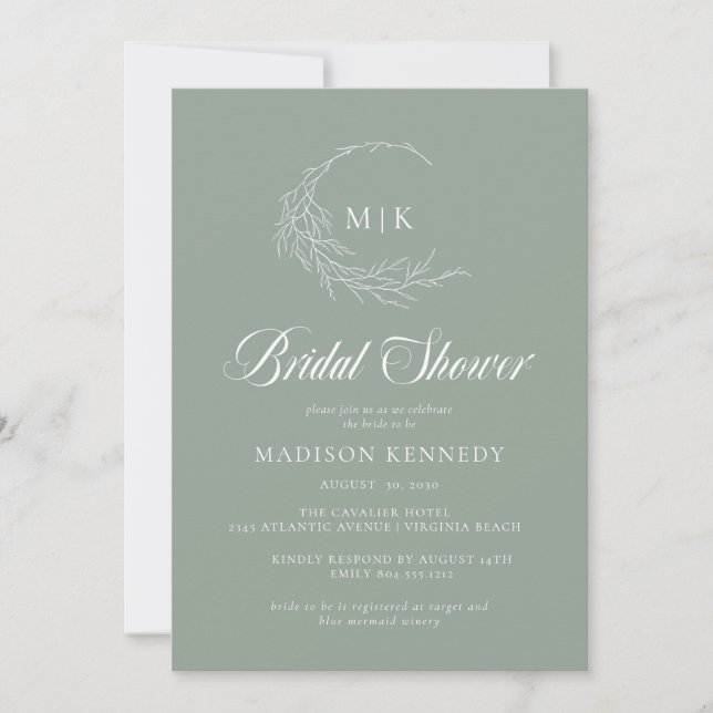 Sage  Leafy Crest Monogram Bridal Shower  Invitation (Front)