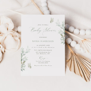 Sage Leaves Butterflies Baby Shower Invitation