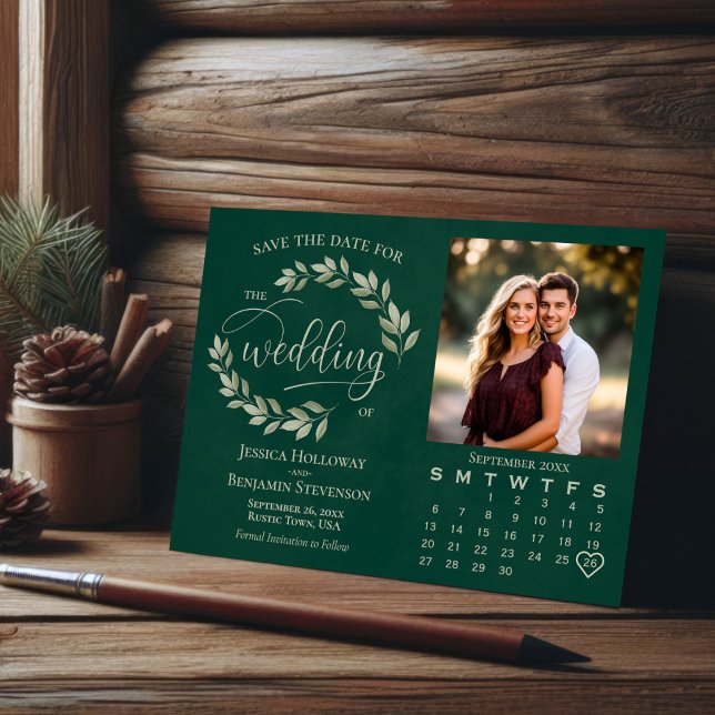 Sage Leaves Emerald Green Photo & Calendar Wedding Save The Date (Creator Uploaded)