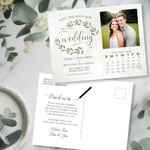 Sage Leaves Photo & Calendar Wedding Save the Date Announcement Postcard