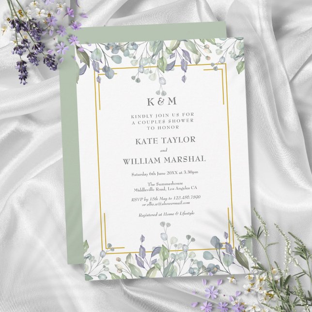 Sage Lilac Floral Monogram Wedding Couples Shower Invitation (Sage Lilac Floral Monogram Wedding Couples Shower Invitation)