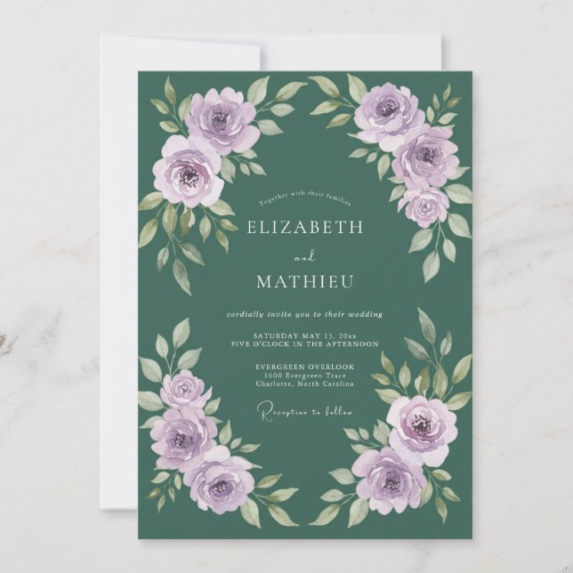 Sage Lilac Painted Leaf Wedding Invitation (Front)