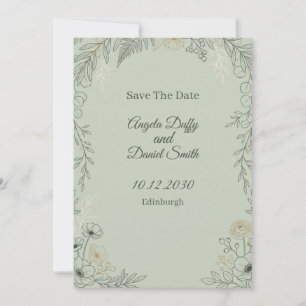 Sage Line Art Floral Save the Date Card