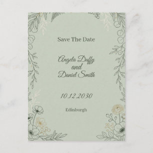 Sage Line Art Floral Save the Date Postcard