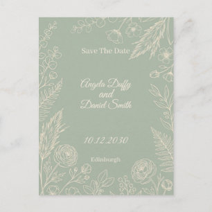 Sage Line Art Floral Save the Date Postcard