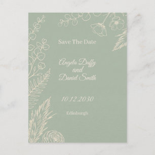 Sage Line Art Floral Save the Date Postcard