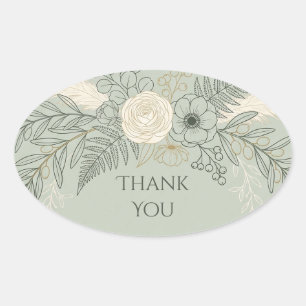 Sage Line Art Floral Thank You Oval Sticker