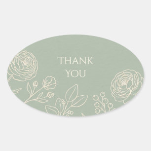Sage Line Art Floral Thank You Oval Sticker