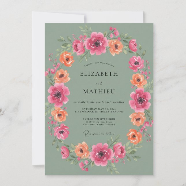 Sage Magenta Floral Wedding Invitation (Front)