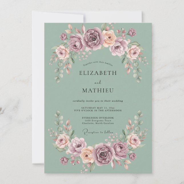 Sage Mauve Blossom Romance Wedding Invitation (Front)