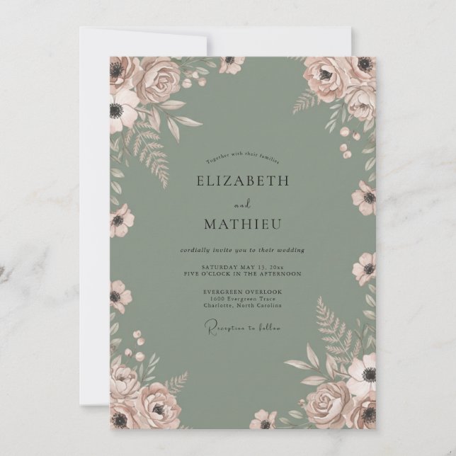 Sage Mauve Leafy Wedding Invitation (Front)
