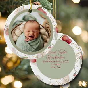 Sage Mauve Watercolor Botanical Baby Photo Ceramic Tree Decoration