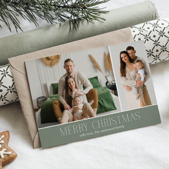 SAGE MERRY Christmas Elegant 2 Photo message Holiday Card (Creator Uploaded)