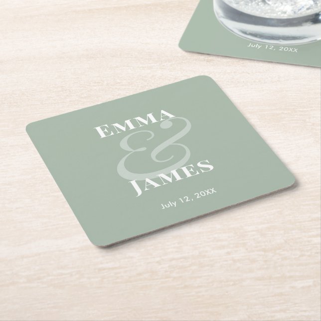 Sage Minimalist Ampersand Wedding | Reverse  Square Paper Coaster (Angled)