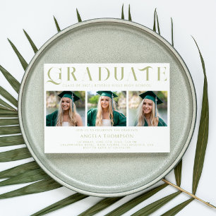 Sage Minimalist Decorative Three Photo Graduation Invitation
