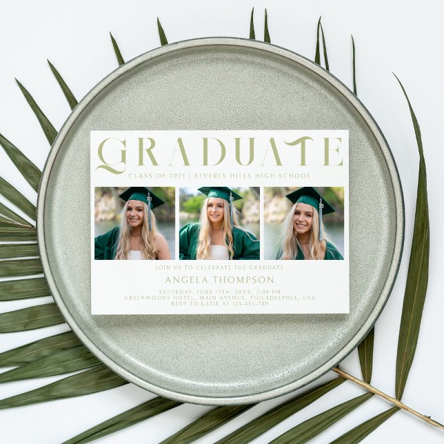 Sage Minimalist Decorative Three Photo Graduation Invitation (Creator Uploaded)