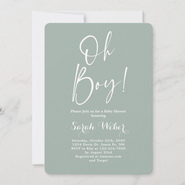 Sage minimalist modern Oh baby shower invitation (Front)