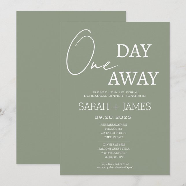 Sage Minimalist One Day Away Rehearsal Dinner  Invitation (Front/Back)