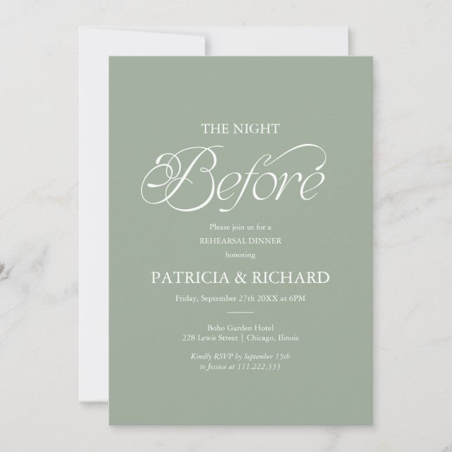 Sage Minimalist The Night Before Rehearsal Dinner  Invitation (Front)