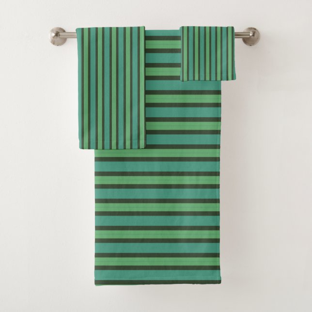 Sage, Mint & Charcoal Vertical Stripes Bath Towel Set (Insitu)